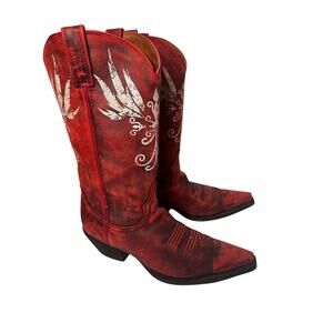 Rebel Leather Red Western Country Native Feathers Cowboy Carter Boho Boot 7.5